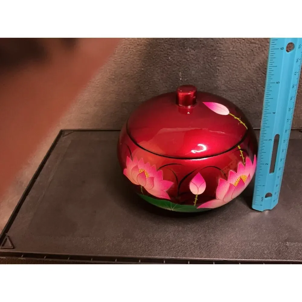Vietnamese Lacquerware Lidded Bowl With Beautiful Lotus Flower